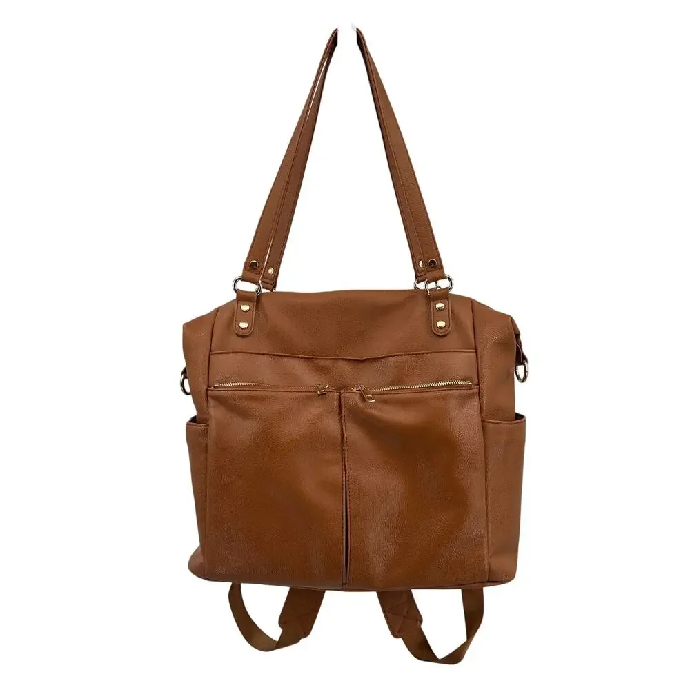 Mominside Diaper Backpack Tote Bag Brown Vegan Convertible Insulated Waterproof